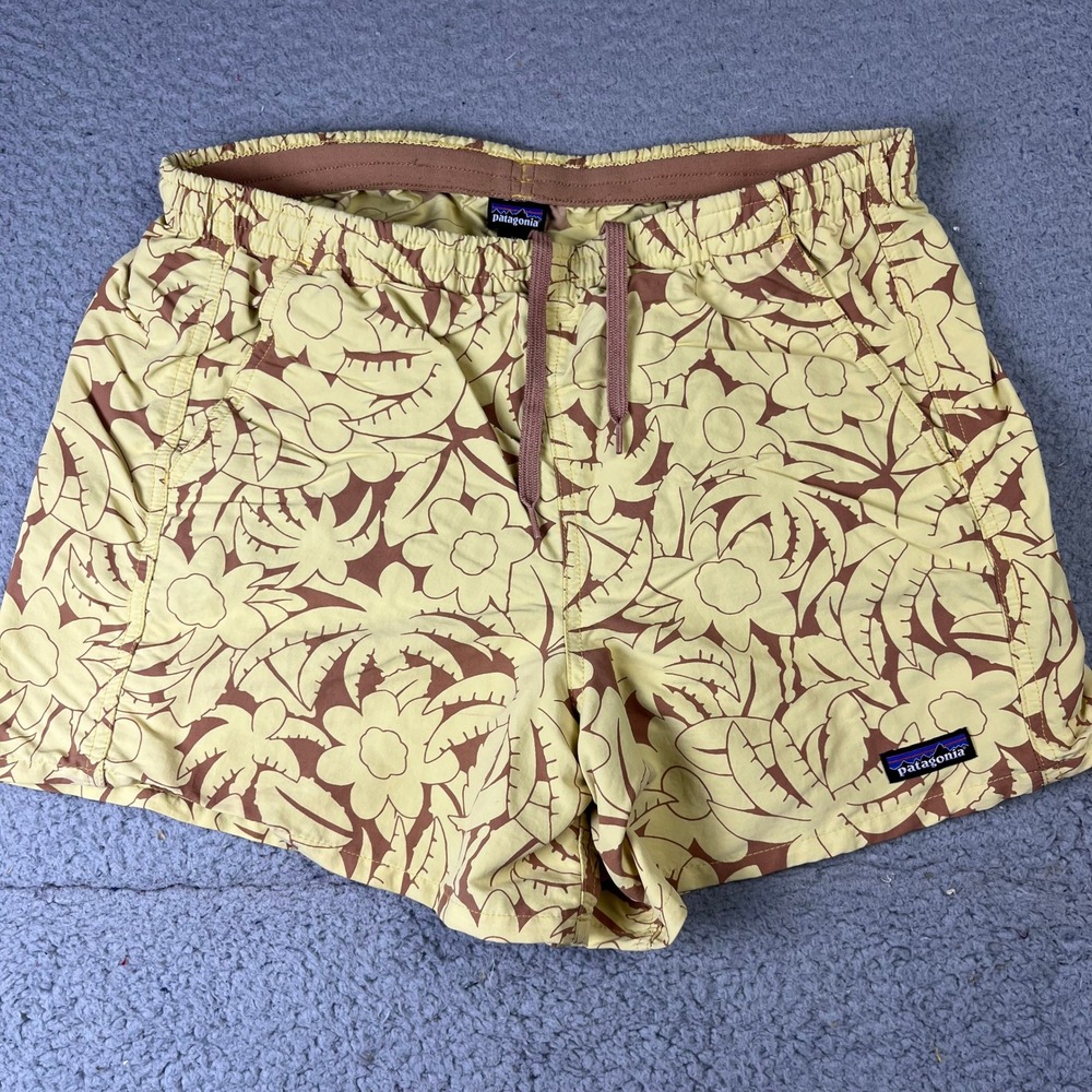 Patagonia Baggies Swim Shorts Womens M Yellow Tropical Floral Print Mesh Pockets